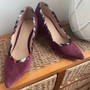 Anthropologie burgundy suede block heels with stitching.